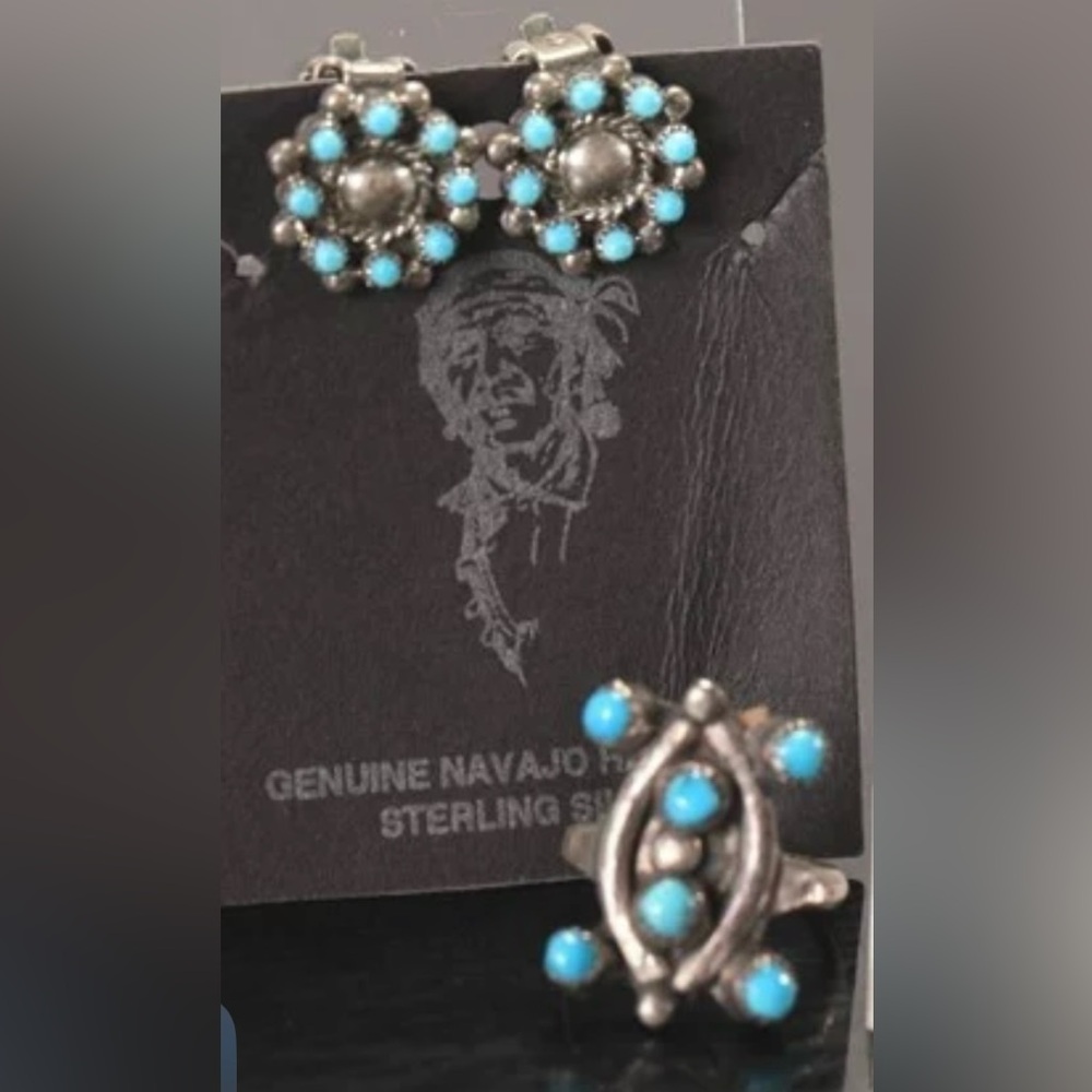 Navajo Zuni Sterling Silver Turquoise Ring and Clip Earrings. Vintage